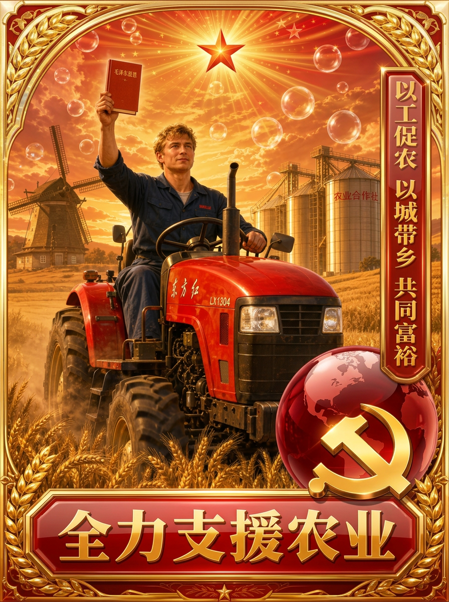 Poster of a young Flemish tractor driver raising a small red book above golden wheat fields, windmill and grain silos behind him