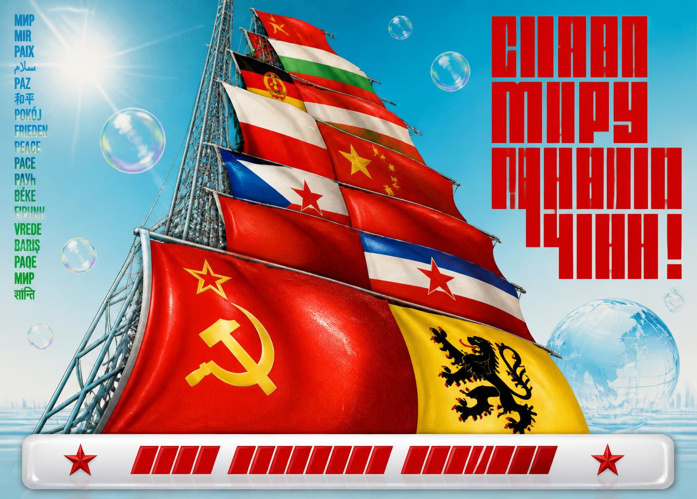 Solidarity poster in the style of a 1970s Soviet screenprint blended with glossy Frutiger Agro: the flags of the socialist nations and the Flemish lion rigged as billowing sails on a lattice tower, above a bright aqua sky with sun flare, soap bubbles and a glass globe on the horizon