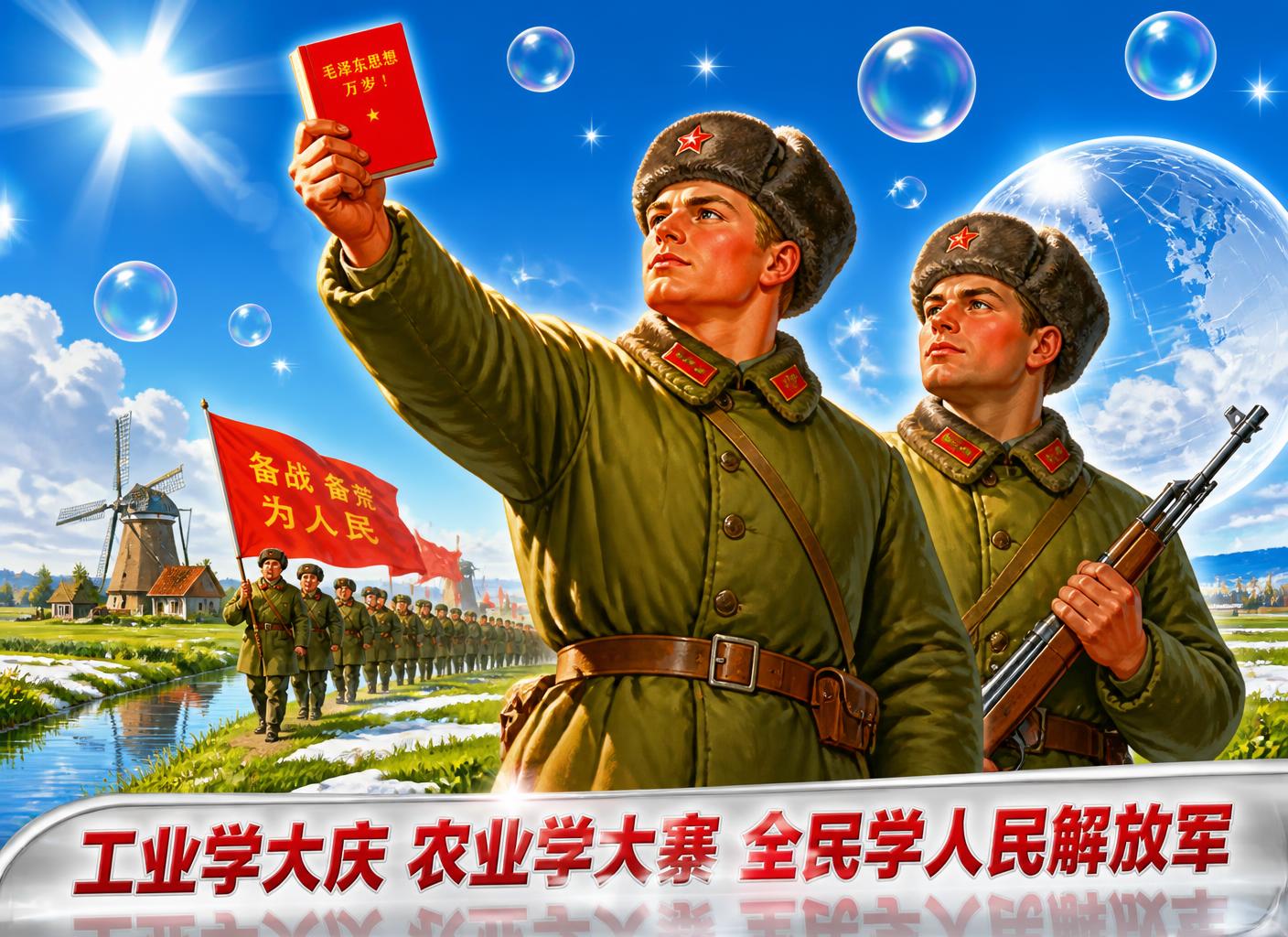 Painted propaganda poster of two Flemish militia members in green winter greatcoats and fur caps with red stars, one holding a small red book aloft, a column of marching militia with a red flag and a windmill in the snowy polder behind them